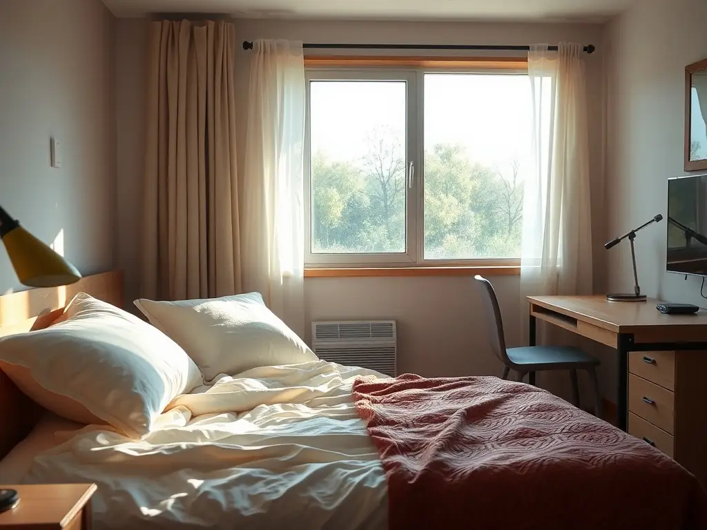 A cozy room with a comfortable bed and a study desk, well-lit by natural light.