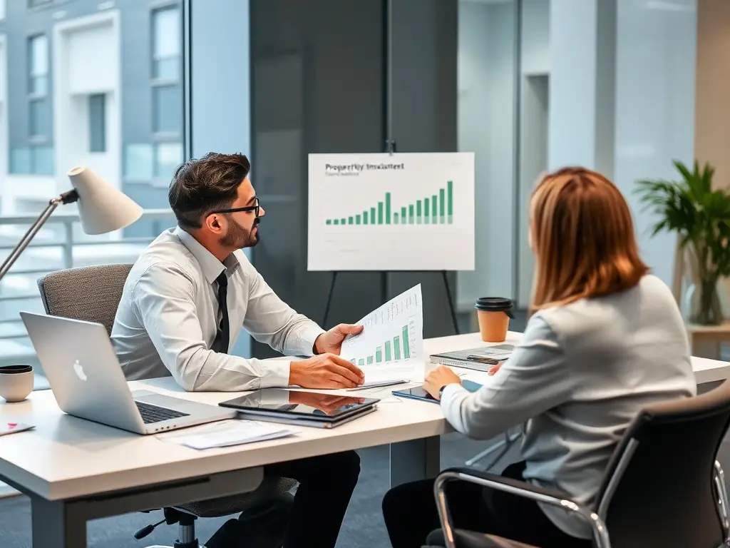 A consultant reviewing property investment options with a client in a modern office.