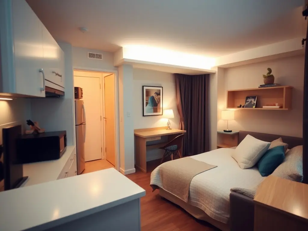 A cozy studio apartment with a compact kitchen and a well-lit living area.
