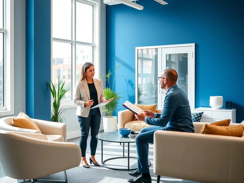 A property manager discussing with a client in a modern office.