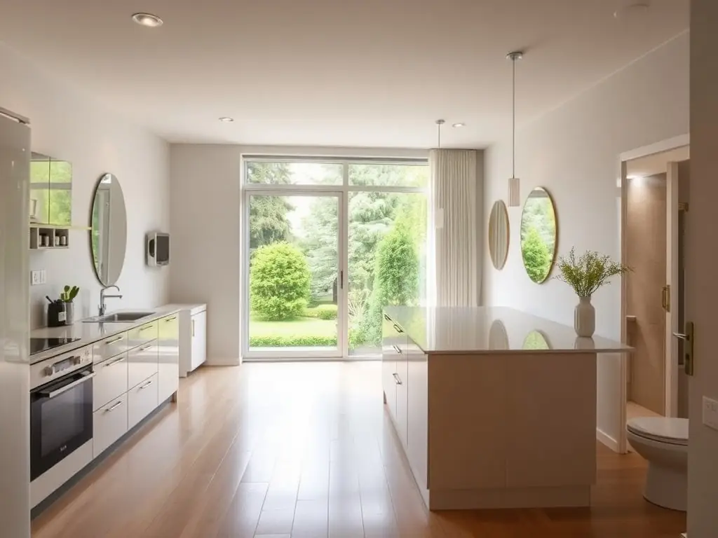 A spacious two-bedroom apartment with a large kitchen, two bathrooms, and a garden view.