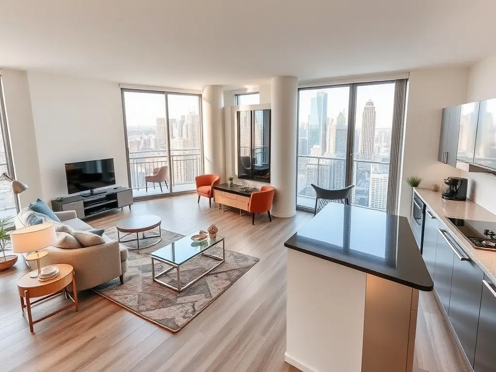 A modern apartment with a spacious living room, fully equipped kitchen, and a balcony overlooking the city skyline.