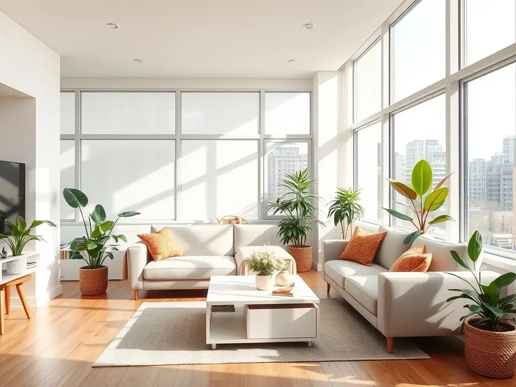 A spacious modern living room with large windows and stylish furnishings.