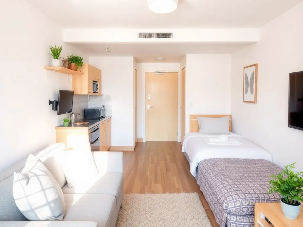 A small but well-furnished studio apartment with a cozy living area and modern kitchen.