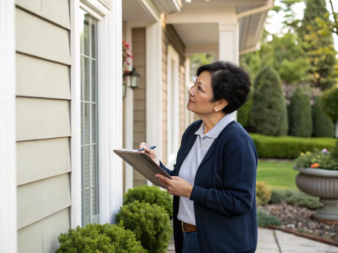 A professional photograph of a property manager inspecting a rental property, highlighting the 'Premium' package's focus on detailed property oversight.